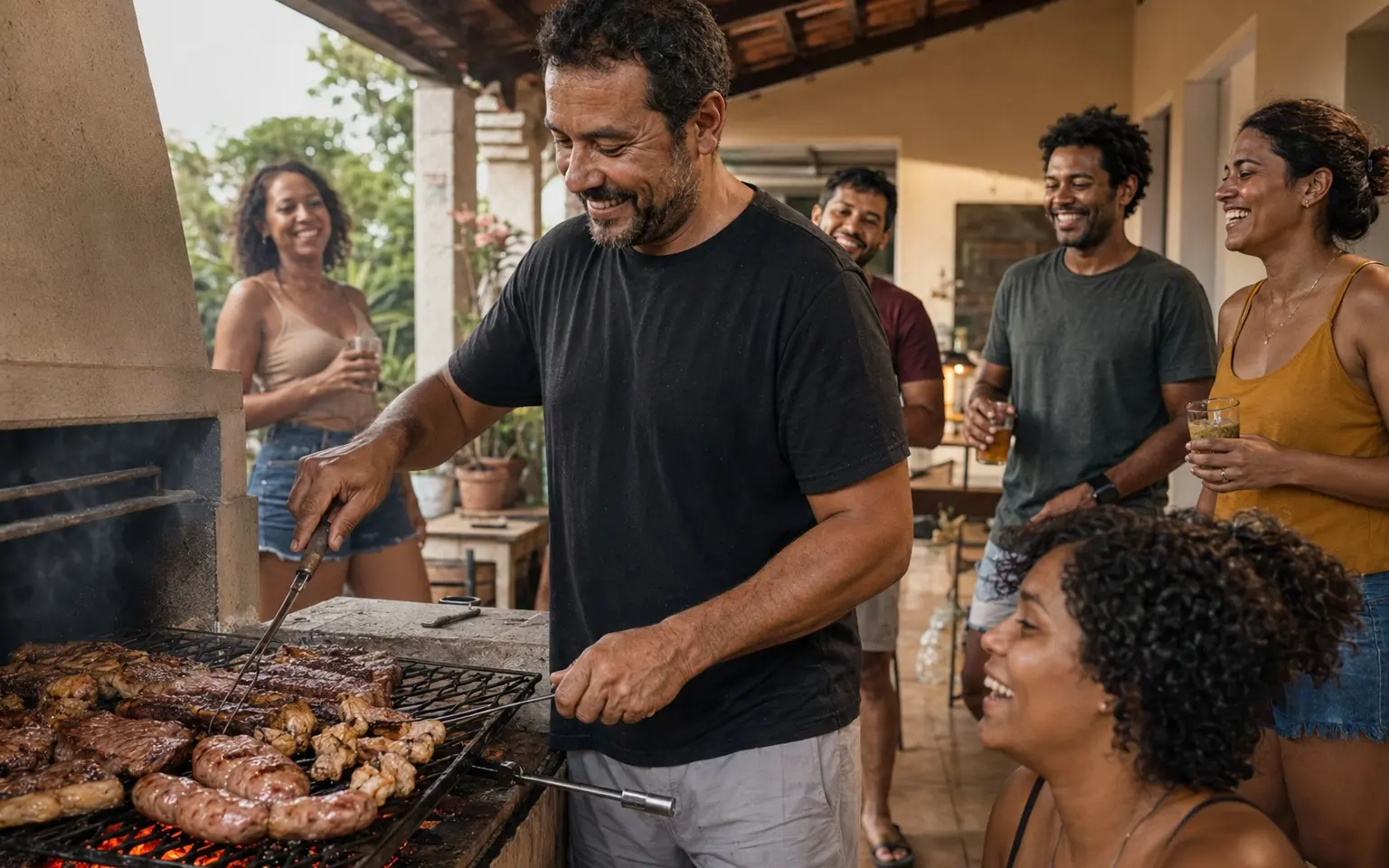Homem comandando um churrasco brasileiro enquanto amigos e familiares aproveitam